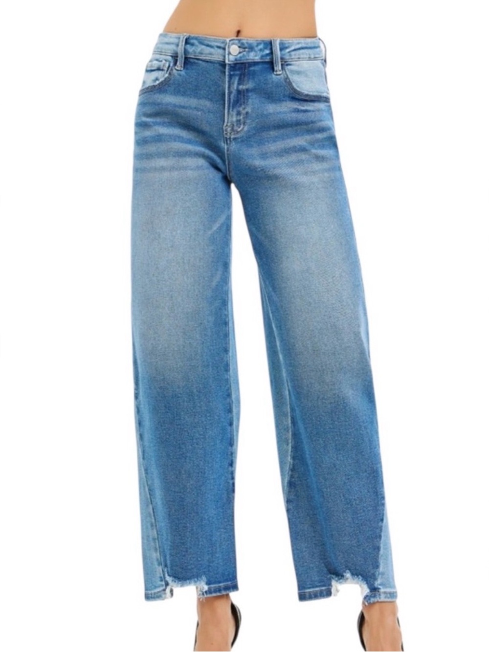 K183 Risen Cropped Ankle Barrel Wide Leg 2Tone Jeans Light Blue Wash Sz 7/28 NWT